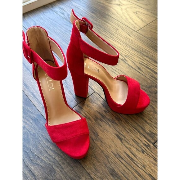 ILLUDE Darling Faux Suede Platform Heels Red Sz 6 NIB - Picture 2 of 9
